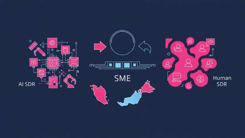 Illustration for NineTen's article on AI SDR vs human SDR for Malaysian SMEs