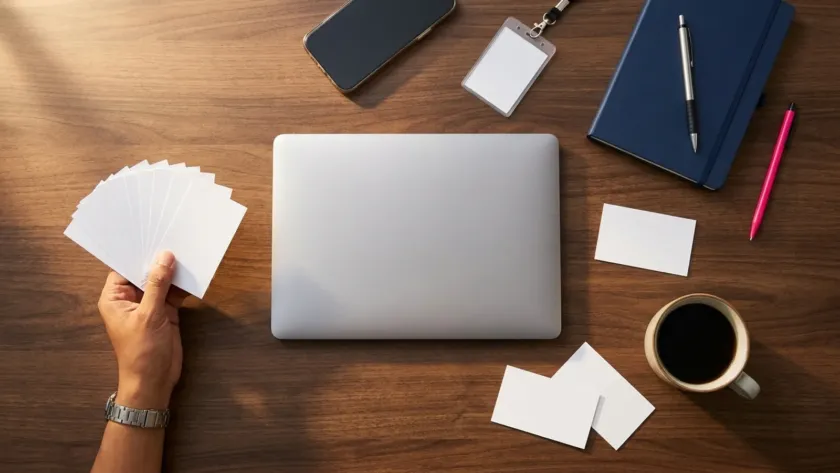 A Malaysian B2B owner's desk with business cards, a phone, a laptop and a notebook, the everyday tools of finding buyers